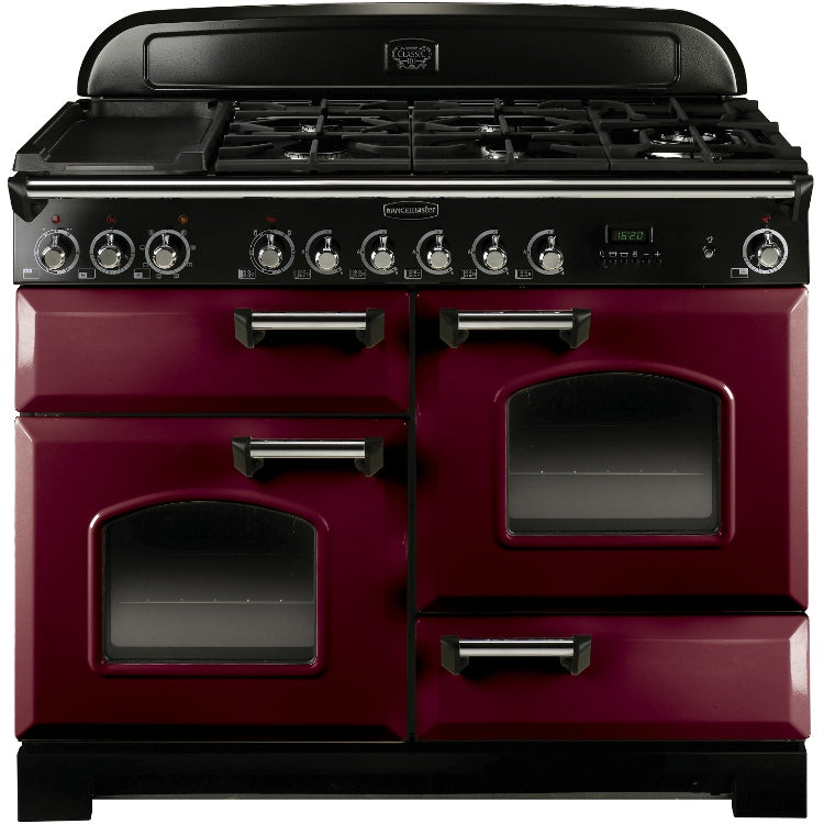 Rangemaster Classic Deluxe 110cm Dual Fuel Range Cooker Cranberry with Chrome