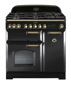 Rangemaster Classic Deluxe 90cm Dual Fuel Range Cooker Charcoal Black with Brass