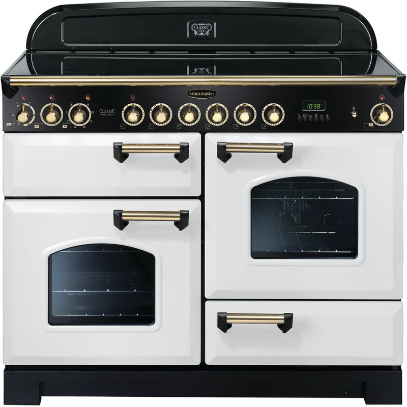 Rangemaster Classic Deluxe 110cm Ceramic Range Cooker White with Brass - DB Domestic Appliances