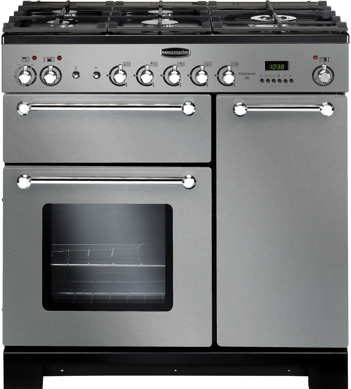 Rangemaster Kitchener 90cm Dual Fuel Range Cooker Stainless Steel with Chrome