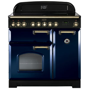Rangemaster Classic Deluxe 90cm Induction Range Cooker Regal Blue with Brass