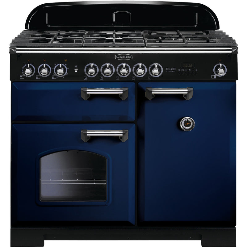 Rangemaster Classic Deluxe 100cm Dual Fuel Range Cooker Regal Blue with Chrome