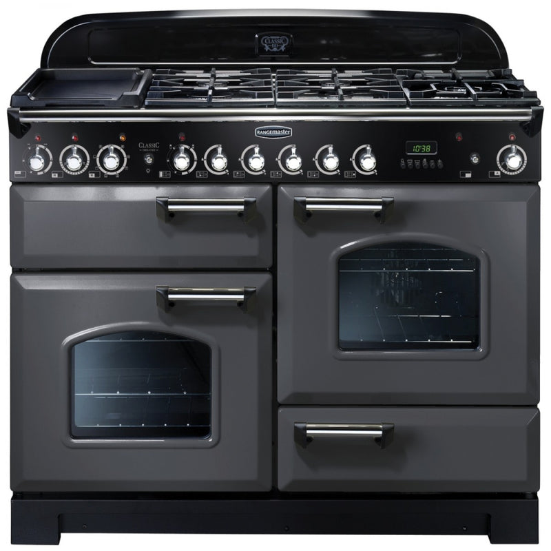 Rangemaster Classic Deluxe 110cm Dual Fuel Range Cooker Slate with Chrome