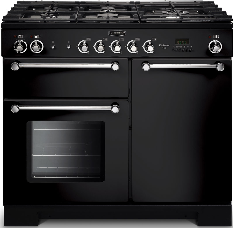 Rangemaster Kitchener 100cm Dual Fuel Range Cooker Black with Chrome - DB Domestic Appliances