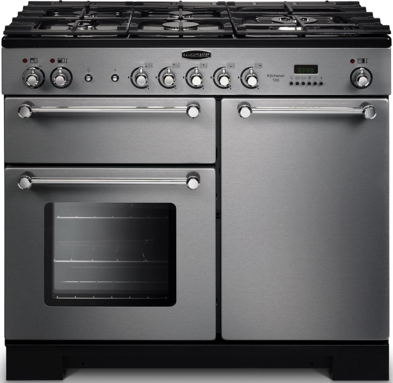 Rangemaster Kitchener 100cm Dual Fuel Range Cooker Stainless Steel with Chrome