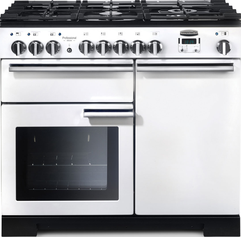 Rangemaster Professional Deluxe 100cm Dual Fuel Range Cooker White with Chrome