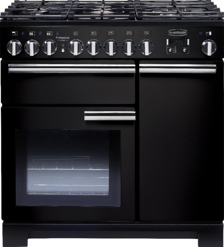 Rangemaster Professional Deluxe 90cm Dual Fuel Range Cooker Black with Chrome