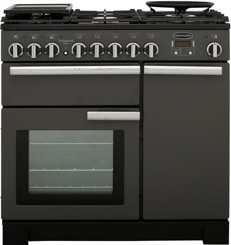 Rangemaster Professional deluxe 90cm Dual Fuel Range Cooker Slate with Chrome