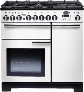 Rangemaster Professional Deluxe 90cm Dual Fuel Range Cooker White with Chrome