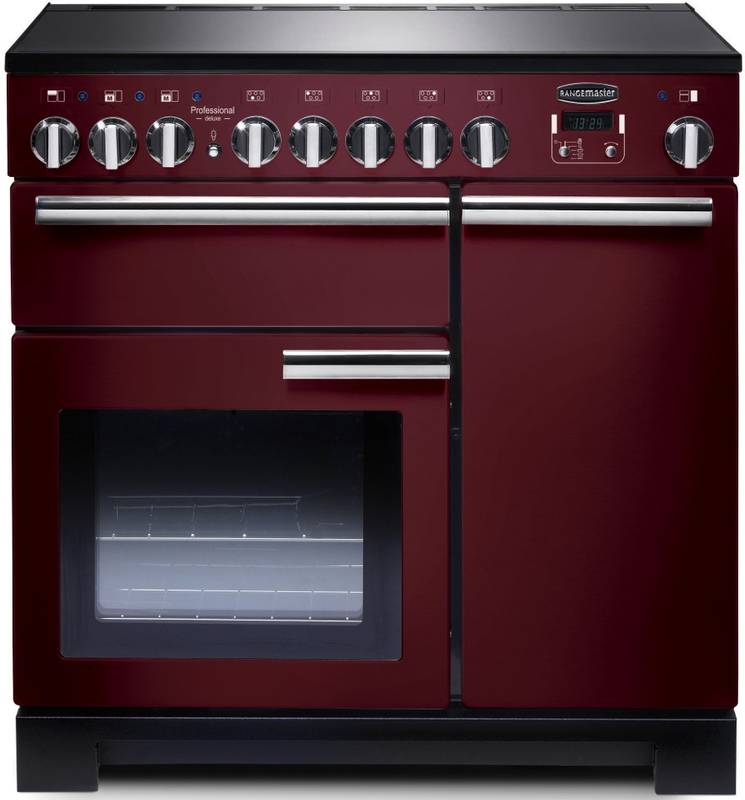 Rangemaster Professional Deluxe 90cm Induction Range Cooker Cream Cranberry with Chrome