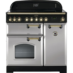 Rangemaster Classic Deluxe 90cm Ceramic Range Cooker Royal Pearl with Brass