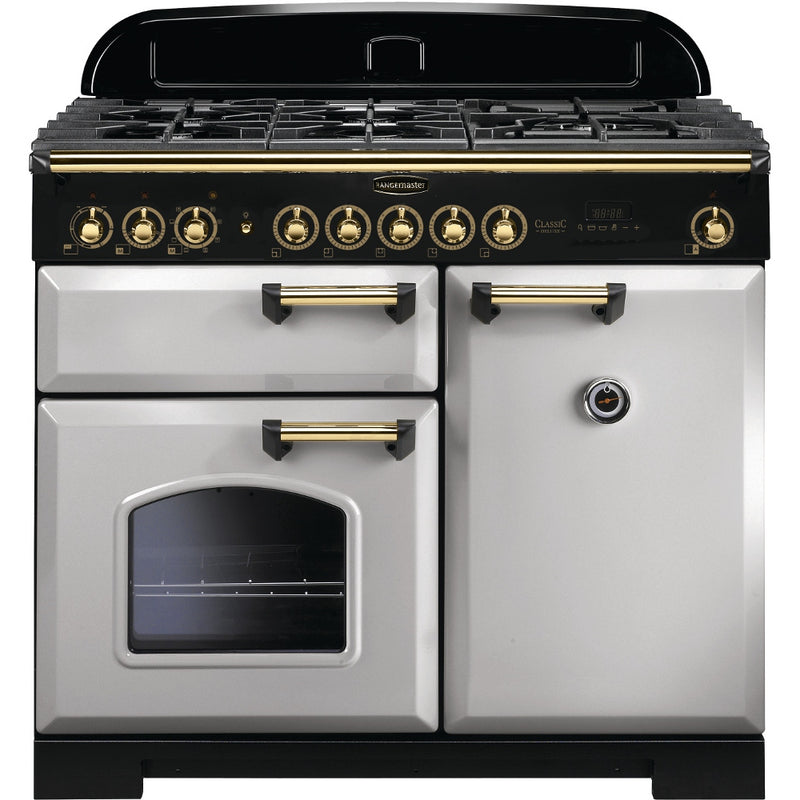 Rangemaster Classic Deluxe 100cm Dual Fuel Range Cooker Royal Pearl with Brass