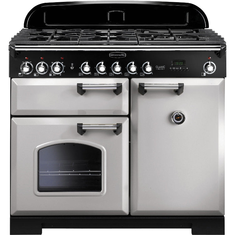Rangemaster Classic Deluxe 100cm Dual Fuel Range Cooker Royal Pearl with Chrome