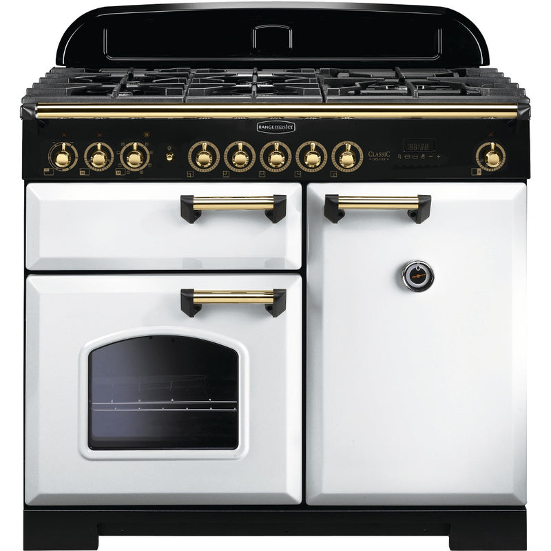 Rangemaster Classic Deluxe 100cm Dual Fuel Range Cooker White with Brass