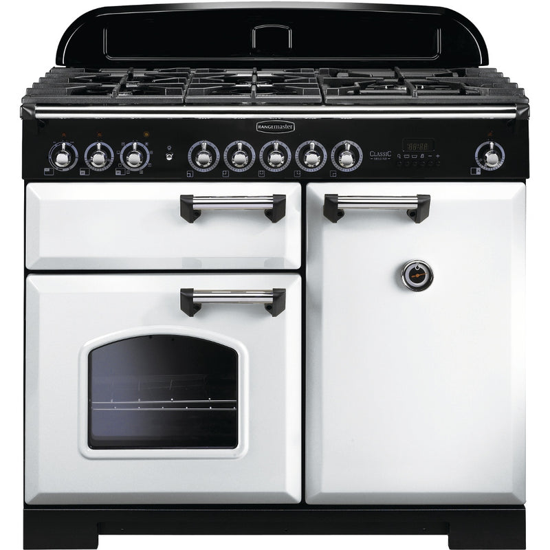 Rangemaster Classic Deluxe 100cm Dual Fuel Range Cooker White with Chrome